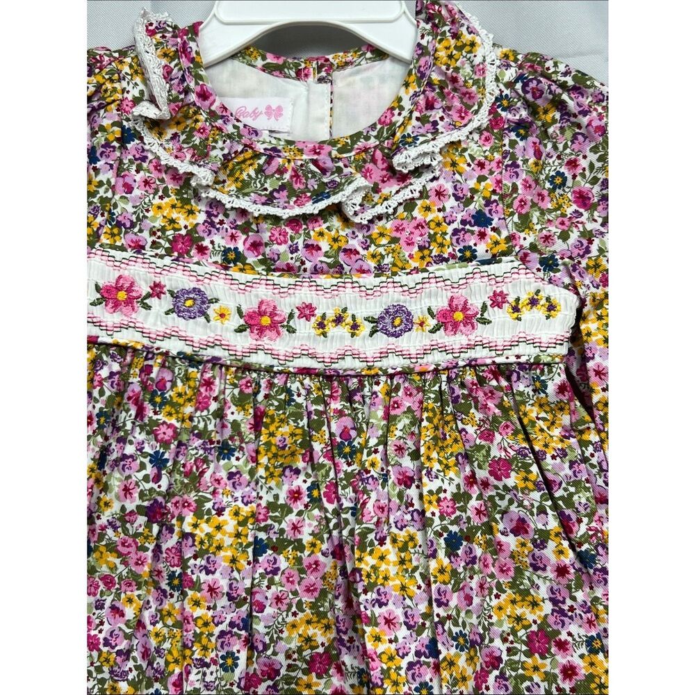 Bonnie Baby Pink floral long sleeve smocked dress with diaper cover size 12 m - Picture 6 of 13